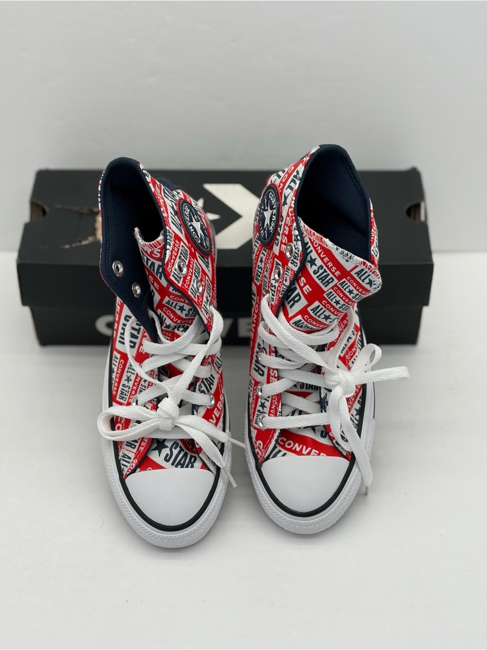 Converse Women’s High Top Sneakers - Red, White, Navy Logo Print - Picture 3 of 8